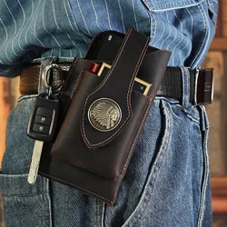 2024 New Fashion Retro Genuine Leather Men Waist Bag Cowhide Key Bag Mobile Phone Bag Sports Phone Waist Bags Worn On Belt Bag