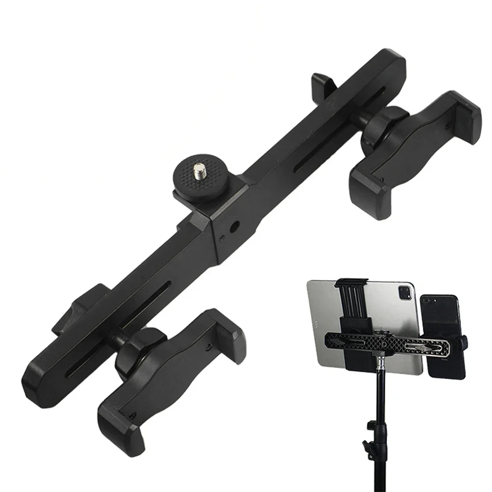 Universal Microphone Stand Double Cell Phone Holder Tablet Clamp 1/4in Adapter    For Selfie Bracket   Live Online Video