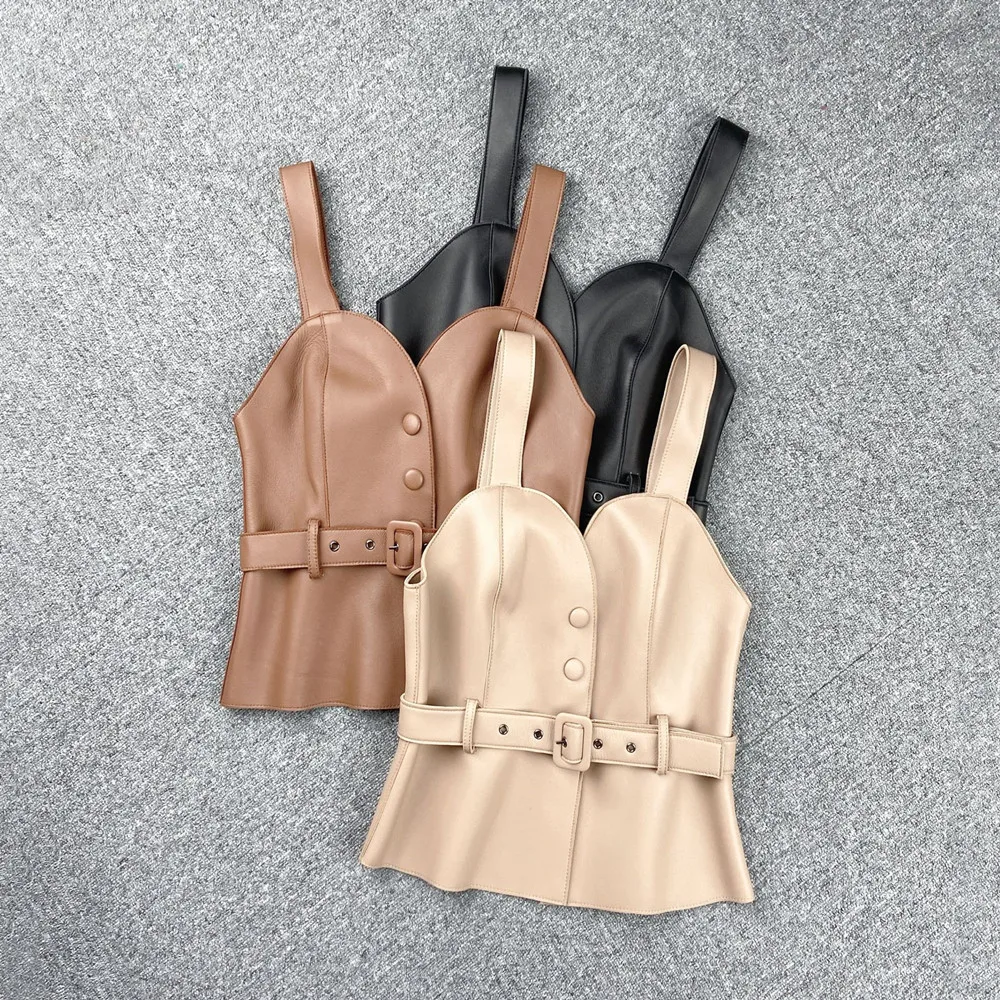 

Spring New Designer Women's High Quality Genuine Leather Tank-top Vest B835