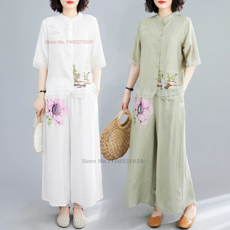 

2024 traditional chinese vintage hanfu set retro tea service meditation outdoor walking national flower print hanfu tops+pants