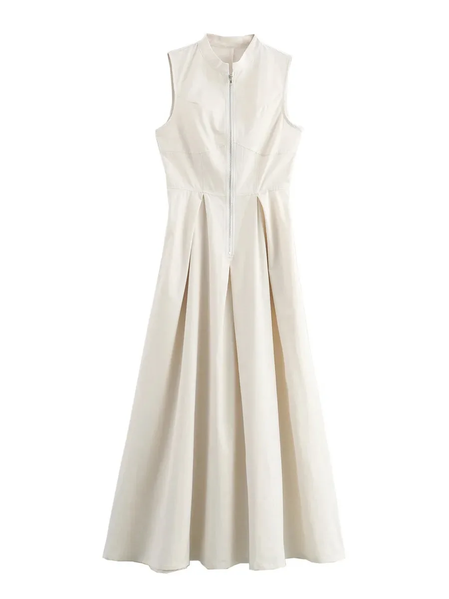 2025, gedrapeerde lange jurken voor dames, mouwloze maxi-jurk met rits, dames, zomervakantie, damesjurken, ruches, feestjurk, vrouwelijk L42T