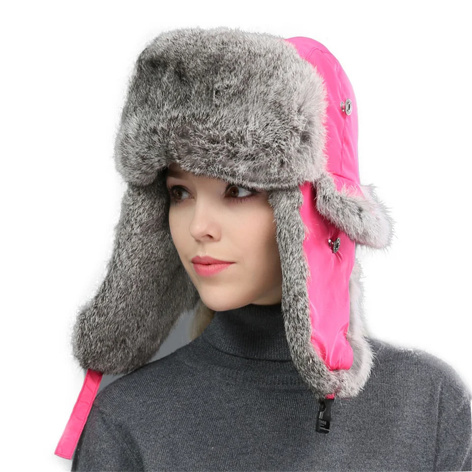 

Winter Thermal Real Natural Rabbit Fur Bomber Hats Women Men Outdoors Soft And Warm Russia Hat Face Neck Earflap Snow Caps