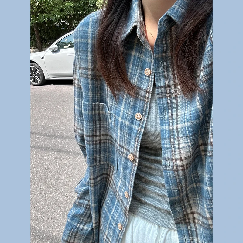 Women's Blue Plaid Cotton Long Sleeve Shirt Jacket Spring Autumn Elegant Turn Down Collar Check Shirt Retro Female Blouse