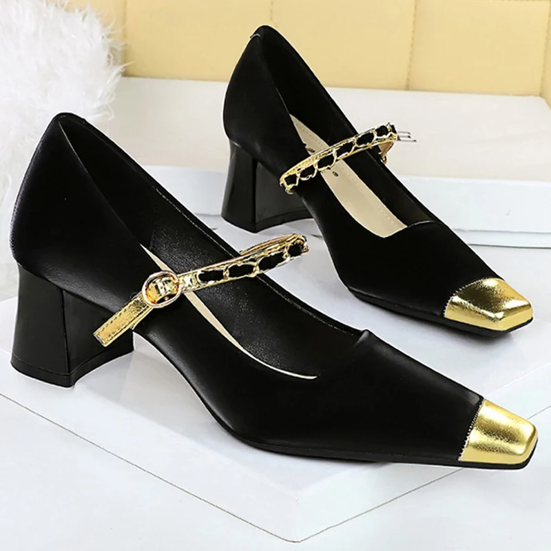 BIGTREE Shoes Square Toe Heels Women Middle Heel Thick Heel Shoes Metal Chain Women Pumps Luxury Temperament Mary Jane Shoes