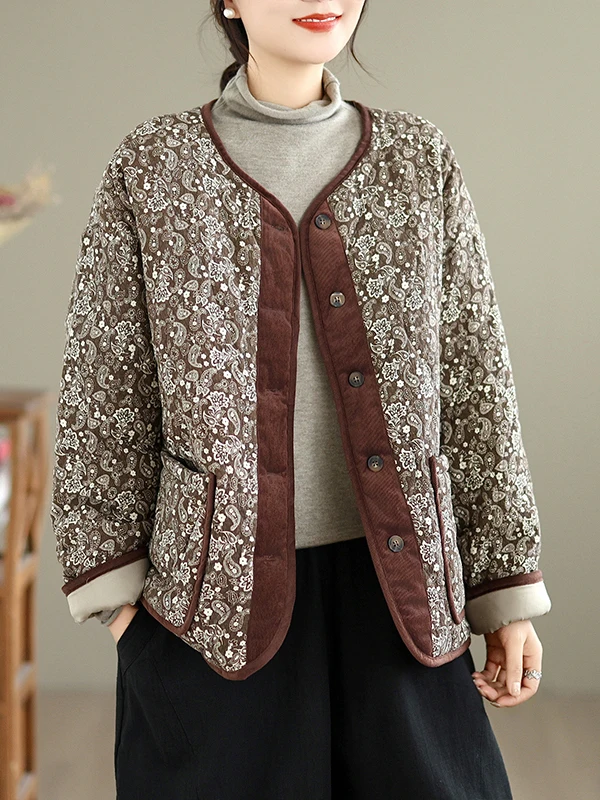 Thiened Cotton Jaet dames groot formaat Faion artistieke ronde Ne warme jas Koreaanse Sle bedrukte lange Sve winterjas