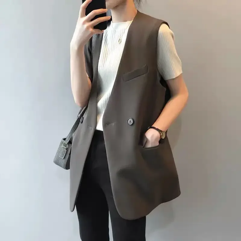 Women's Spring and Summer Mid-Length British-Style Sleeveless Thin Suit Vest Jacket