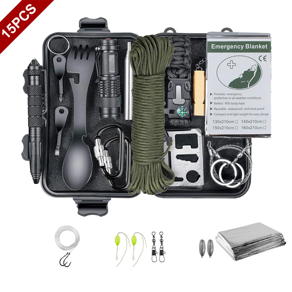 

15 IN 1 Emergency Survival Kit Gear Camping Travel Multifunction Tactical Defense Equipment First Aid SOS Wilderness Adventure