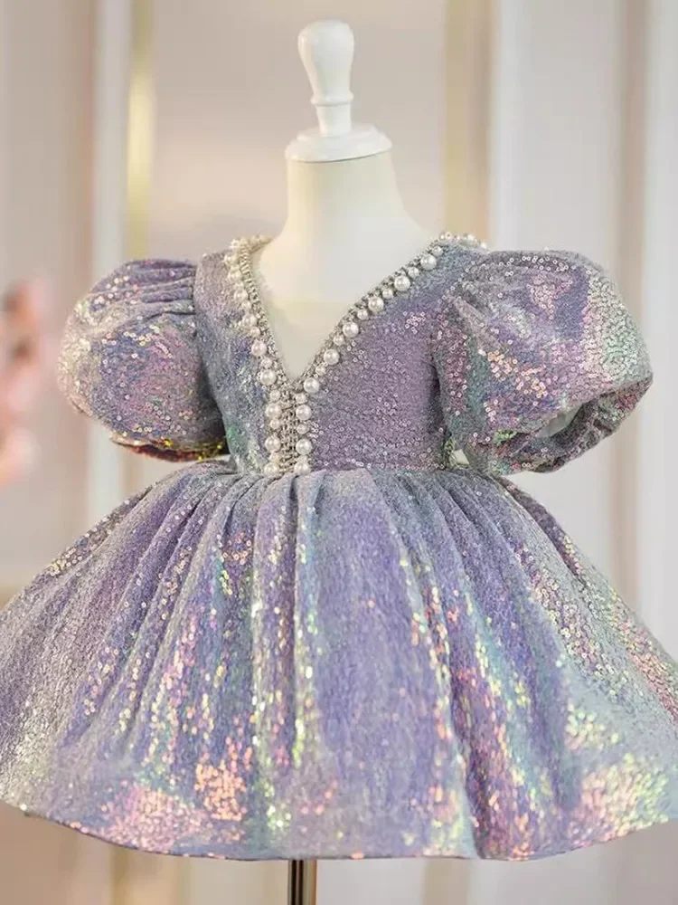 Kids Catwalk Princess Ball Gown Wedding Birthday Party Girls Sequined Dress A3808 Vestidos Para Niñas Bridesmaid Dresses