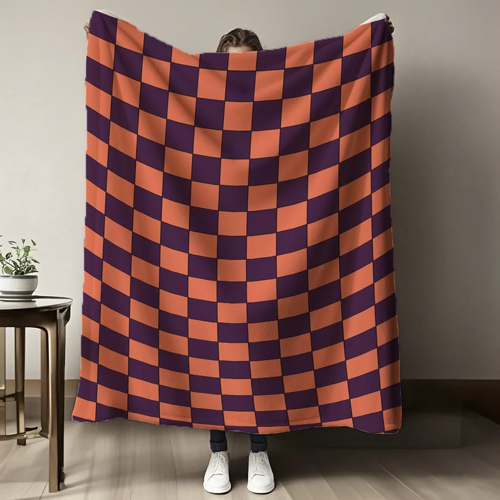 1pc Plaid Orange Purple Patchwork Printed Flannel Blanket, Multifunctional Warm And Cozy, Suitable for Sofa, Bed, Office, Campin