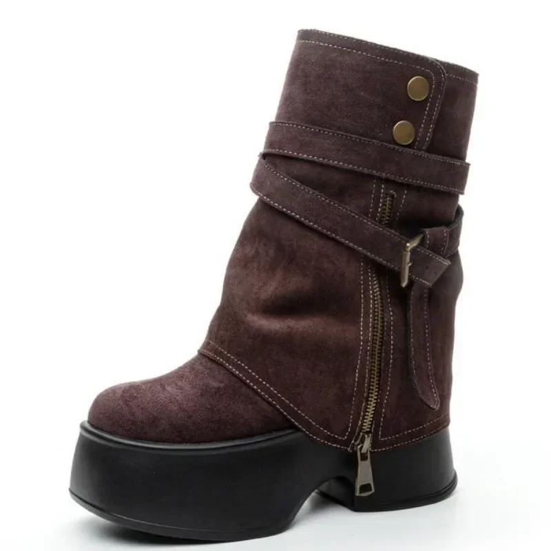 

11CM Suede Cow Genuine Leather Spring Platform Wedge Flats Women Autumn British Motorcycle Fashion Detachable Ankle Boots Shoes