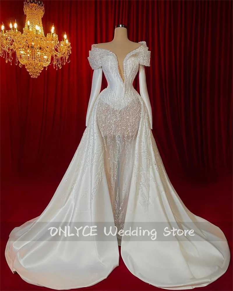 

Wedding Dress 2024 Long Sleeves Off Shoulder Beading Crystals Detachable Train Glitter Luxury Robes De Mariée Bridal Gowns