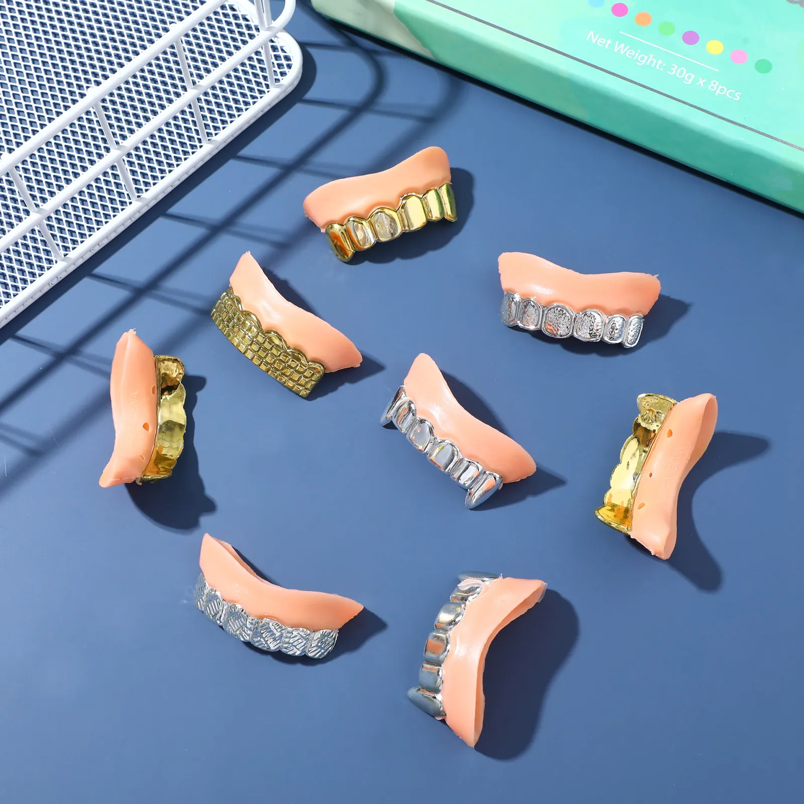 

8Pcs Plating Fake Teeth Halloween Props for Adults and Kids 8 Unique Designs Ideal for Themed Parties Pranks Gifts and