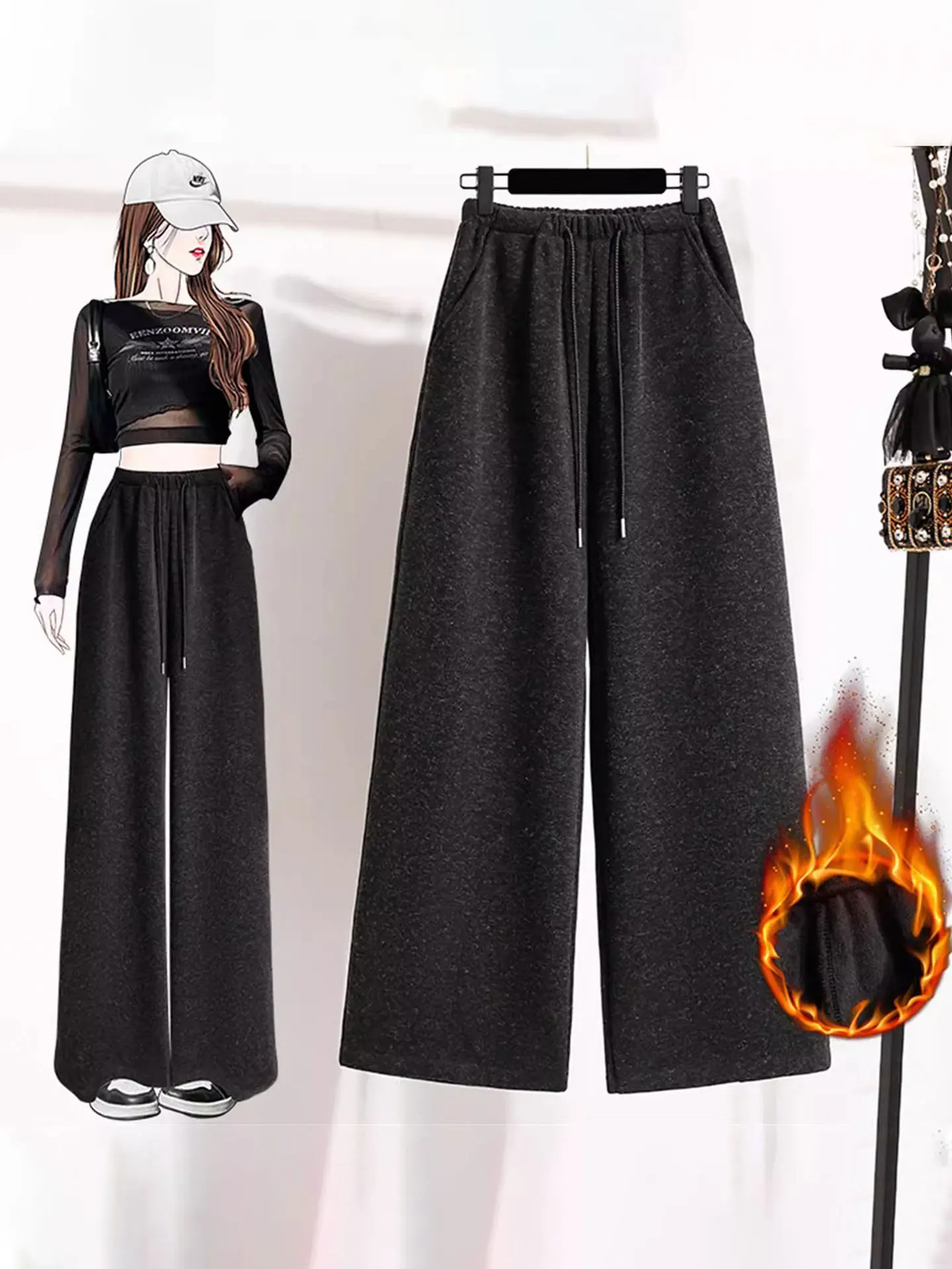 

Ladies Thiened Fce Wide Leg Pants Autumn Winter Casual High Waist Cotton Trousers Dra Loose plus Size Comfortable