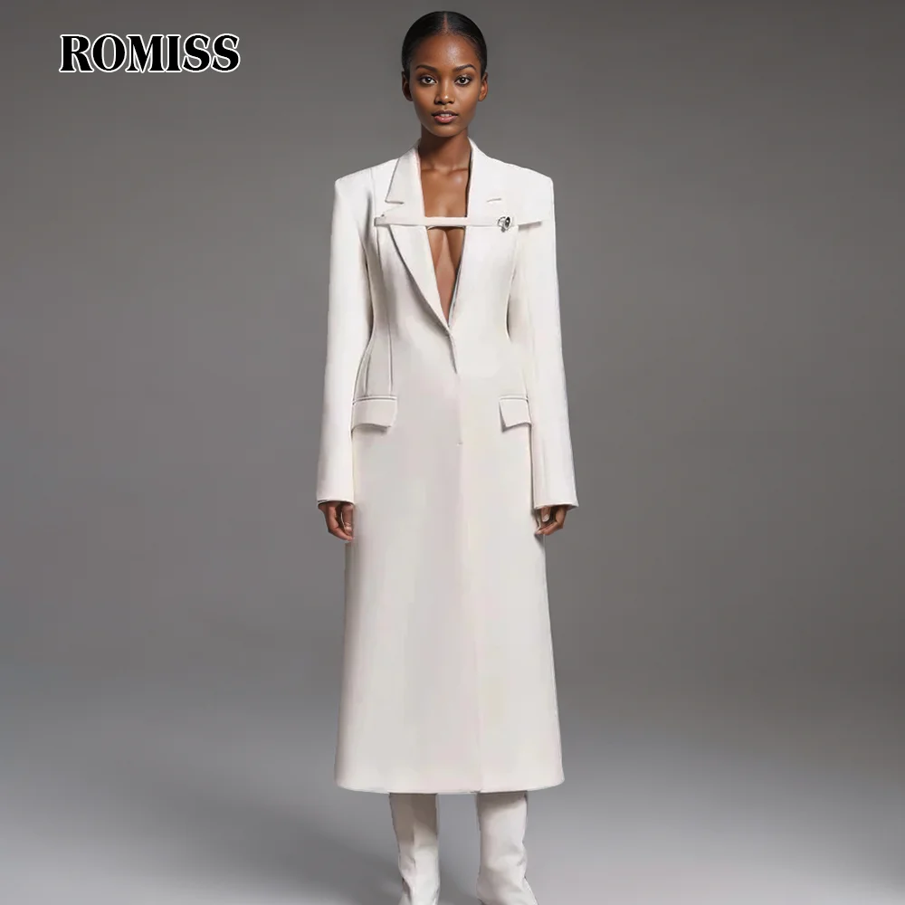 ROMISS Temperament Spliced Pocket Coat For Women Lapel Long Sleeve Hight Waist Slimming Solid Maxi Coats Female Spring Clothing