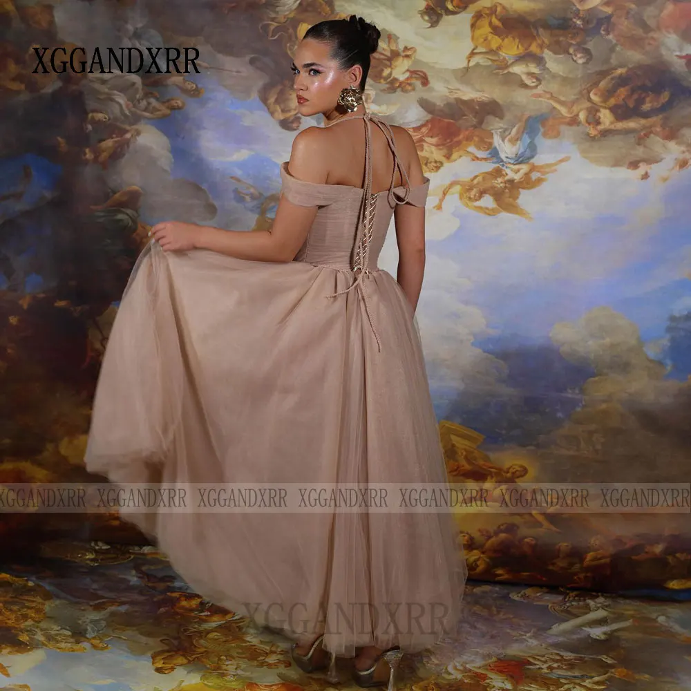 Customized Nude Long Tulle Prom Dress 2026 Elegant V Neck Corset Pleated A Line Evening Dress Wedding Guest Formal Party Dress view 2
