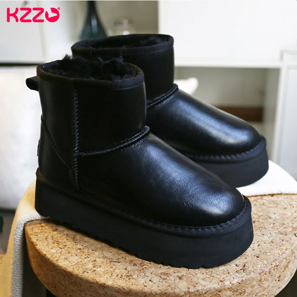 KZZO Fashion Women Ankle Platform Snow Boots Waterproof Genuine Leather Natural Wool Lined Casual Thick Sole Winter Warm Shoes