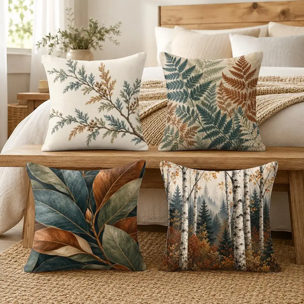 Autumn Woodland Forest Fern Pinecone Cushion Cover Soft Pillow Cases Hidden Zipper Cutecore Sofa Bedroom Home Decor Gift