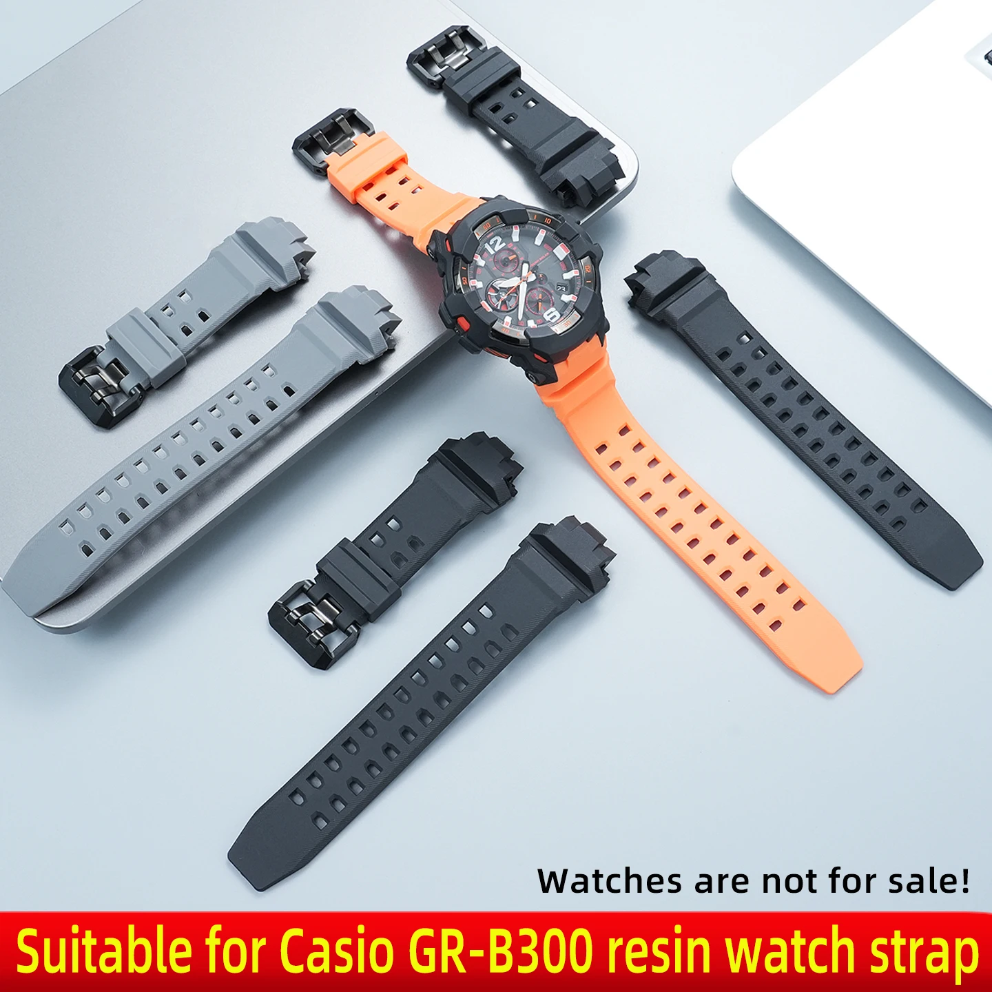 Men's waterproof silicone watch chain, suitable for Casio GR-B300 resin watch strap, GR-B300 watch accessories, black orange