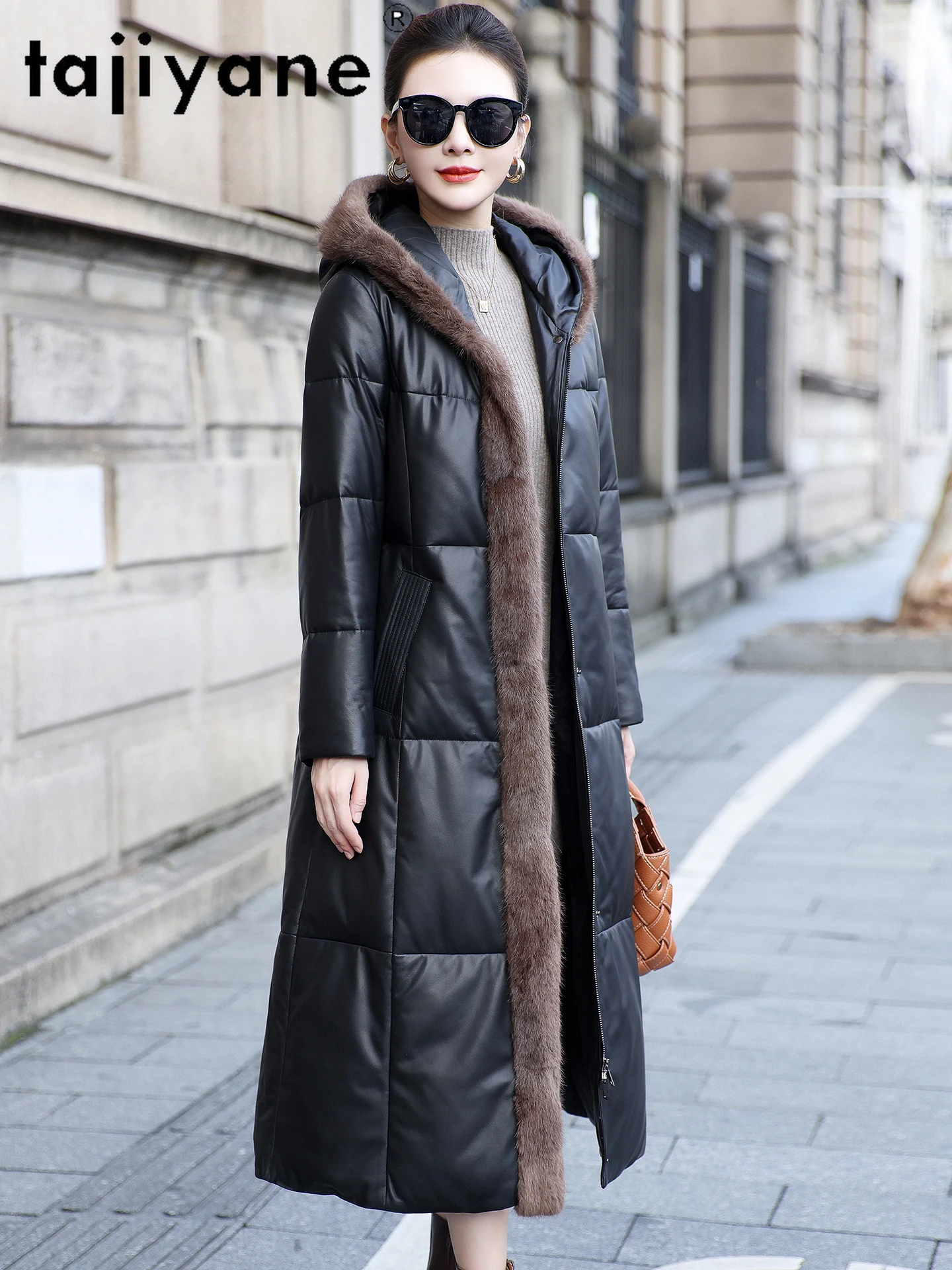 TAJIYANE Abrigo de piel de oveja y plumas de ganso para mujer, chaquetas de piel auténtica con cuello de piel Muskrat, chaqueta acolchada con capucha, ropa de invierno 2025 3)??.킹킹