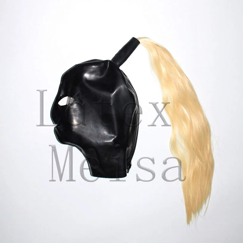 

100% handmade black latex hood with hairs open nostrils & eyes & mouth what is made of flexible & natural latex
