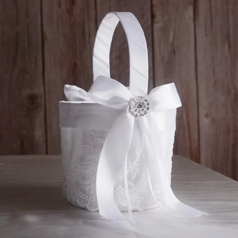 Wedding Flower Girl Basket and Ring Bearer Pillow Set Satin Fairy Lace Flower Baskets for Flower Girl Silk Ribbon Bow Decoration