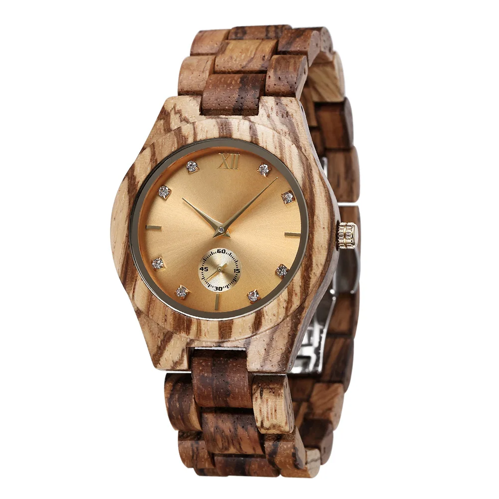 Luxury Diamond Embedded Ladies Wristwatch Round Butterfly Clasp Timber Quartz Accessory Holiday Gift Wooden Watch