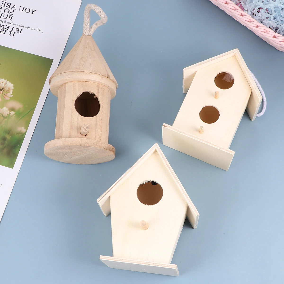 

3 Pcs Wooden Bird Nest Set Light Yellow Hanging Decor Practical Cage Accessories for DIY Pet Supplies