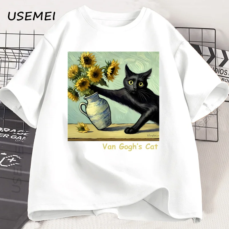 Van Gogh's Cat Art Print T Shirt Funny Graphci T Shirts Cotton Trendy Summer Loose Short Sleeved T-shirt Men Women Harajuku Top image 2