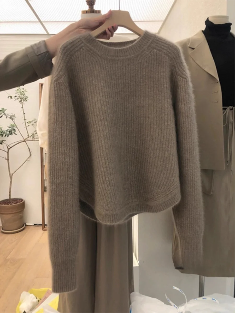 

Women's Thiened Knitted Bear Fur Sweater ort Sle Inner Wear Faionable Winter Top Loose Fit round Ne Long Sve