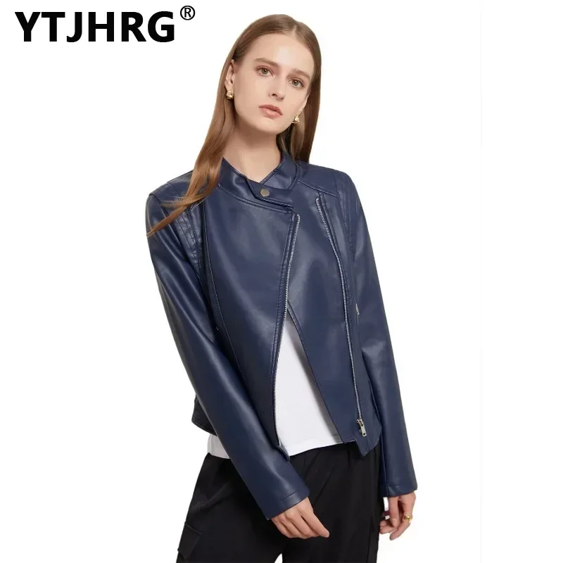 YTJHRG-Vestes de Motard en Cuir PU pour Femme, Col Rabattu, Fermeture Éclair, Manches sulf, Vêtements Féminins, Printemps et Automne 2024