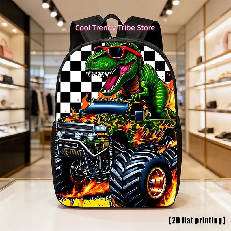 Dinosaur Go-Karts, Lightweight, Large-Capacity Unisex Backpack with Adjustable Shoulder Straps, Side Pockets, Suitable for Casua