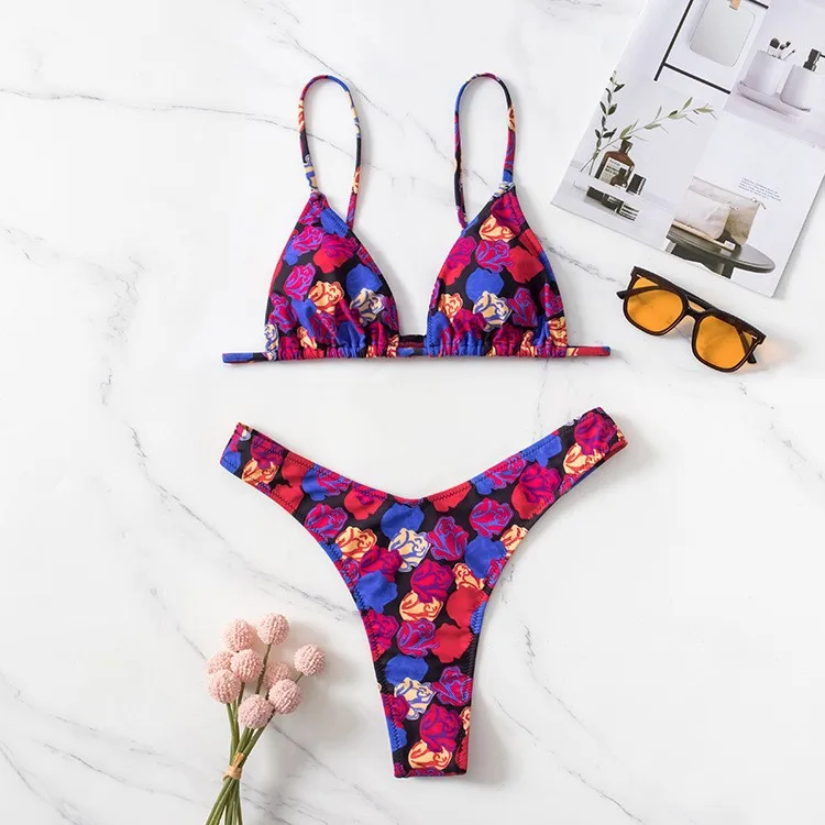 Summer Bikini Sets Triangle Top Thong Bottom Floral Print V Neck High Cut Two Piece Swimsuit Women's 2026 Separate Beachwear