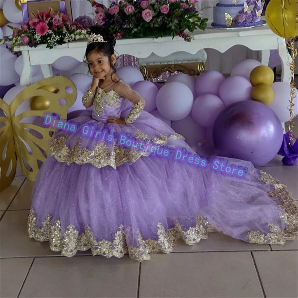 Colore personalizzato splendido vestito da ragazza di fiori Tulle abiti da sposa soffici stampa in oro abiti da sera per feste di compleanno per bambine