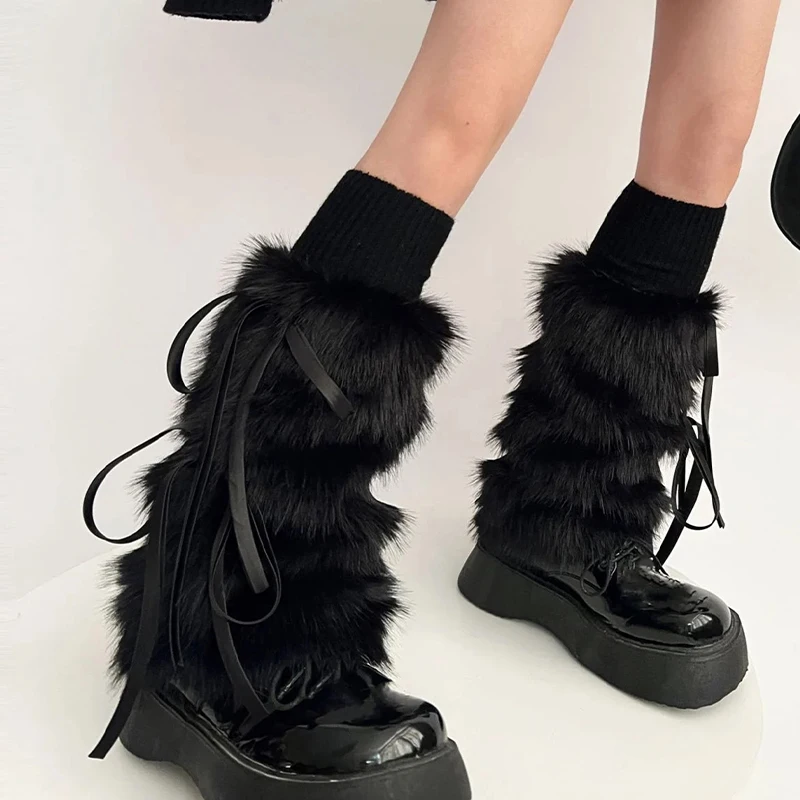 Punk Verdickte Flauschige Schleife Knoten Legger Wärmer Gothic Schwarz Pelz Stiefel Medium Rohr Y2k Wärmer Fuß Abdeckung Harajuku Party Zubehör