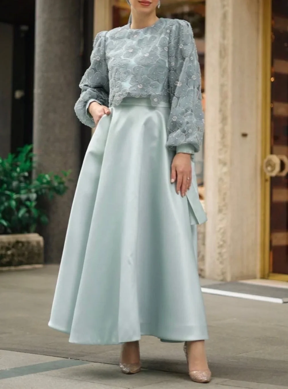 

Customized Fashion Charmeuse Pleat Sequined Pattern A-line Jewel Midi Bespoke Occasion Prom Dresses Formal Pastrol