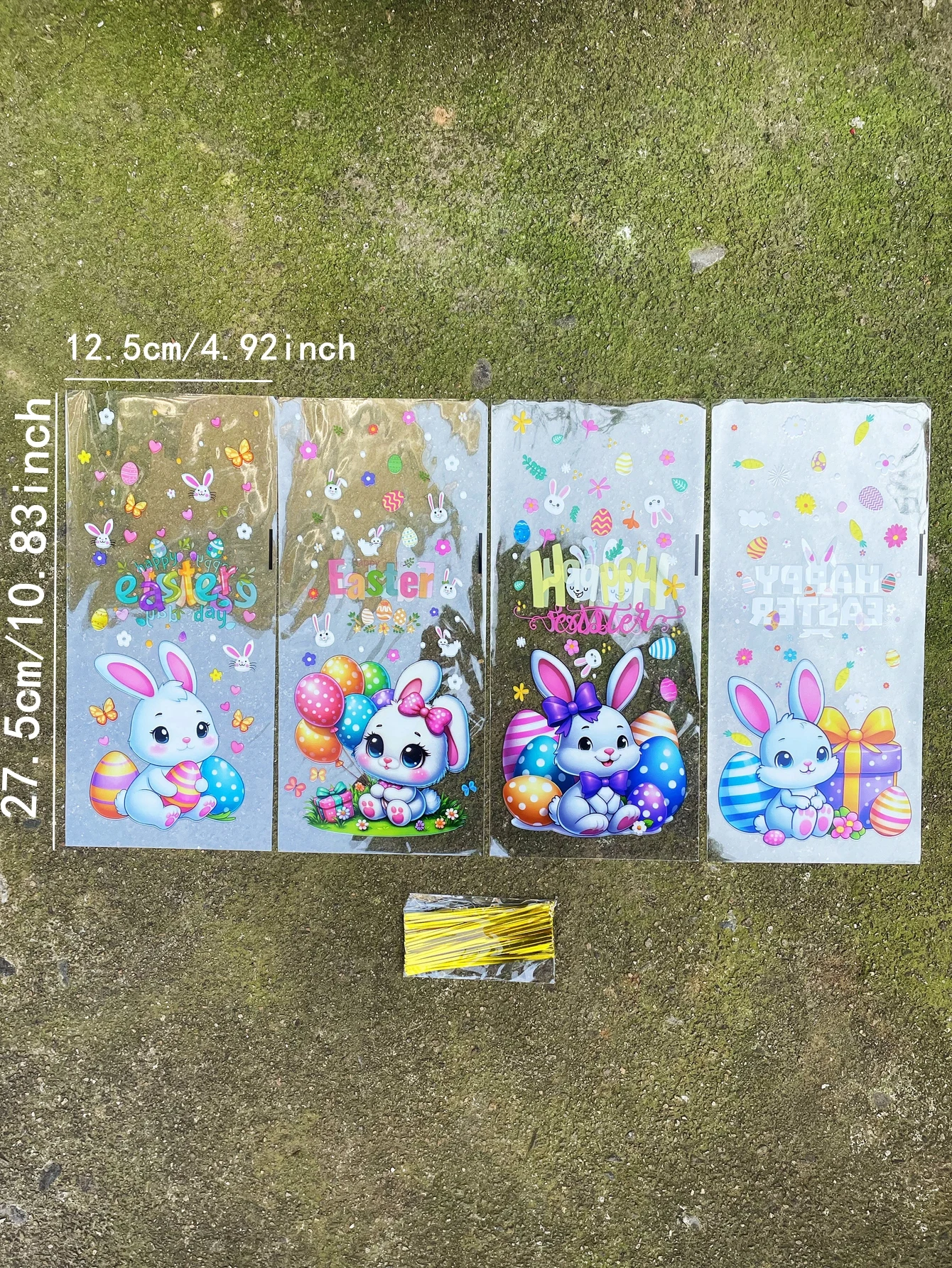 50pcs Cute Little Rabbit Easter Egg Pattern Gift Flat Bags With Golden Tie, Colorful Balloon Happy Easter Printed Gift Decor Bag - Detail 1