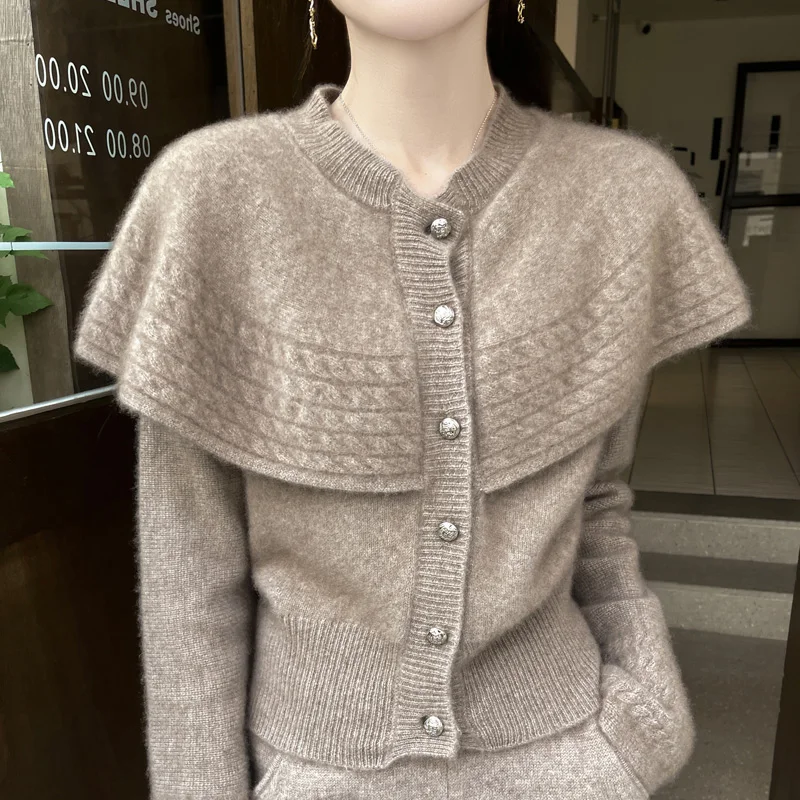 100% pure wool women's autumn and winter new cardigan O-neck cashmere sweater solid color half shawl loose knit casual top