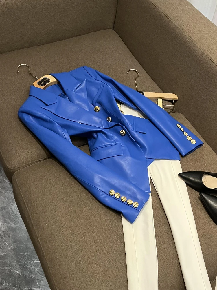

High Quali PU Leather Metal Bule ket Slim Fit Ele Sle Women's Suit Jaet Commute Sle Long Sve Color
