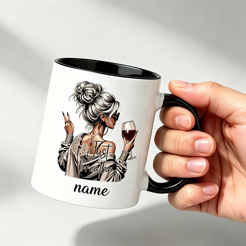 Personalized custom-name mug featuring an elegant design of a lady holding a glass of red wine—an ideal choice for Christmas.