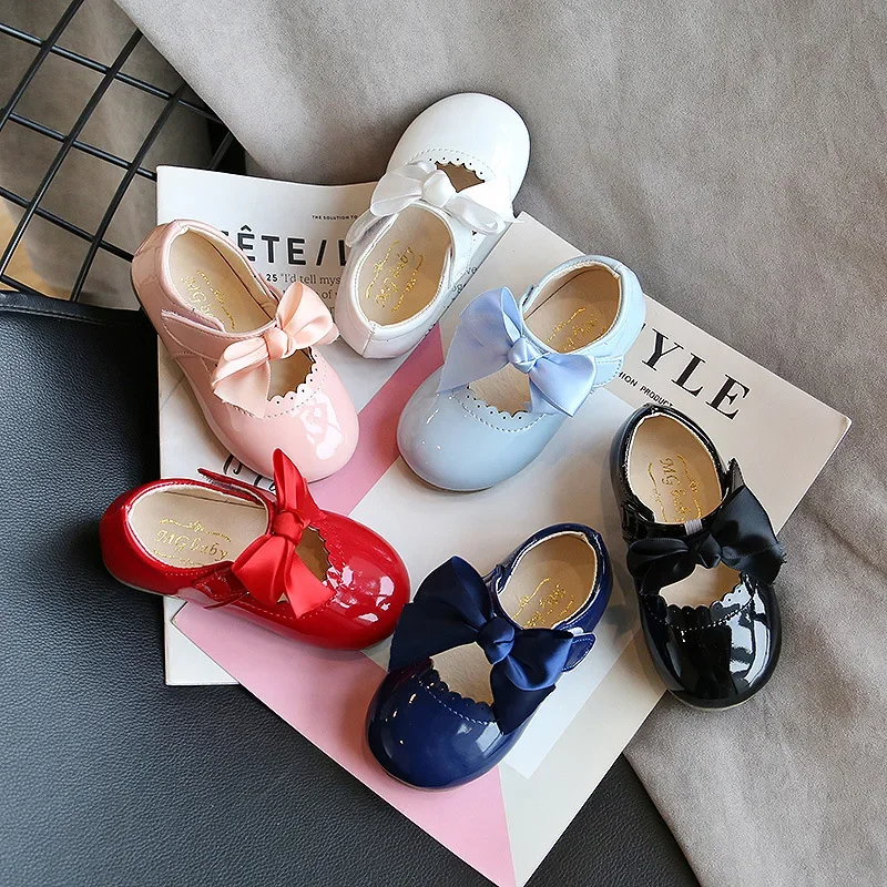 Spring Autumn Baby Princess Girls Shoes Cute Bow Patent Leather Shoes Solid Color Kids Gilrs Dancing Shoes First Walkers