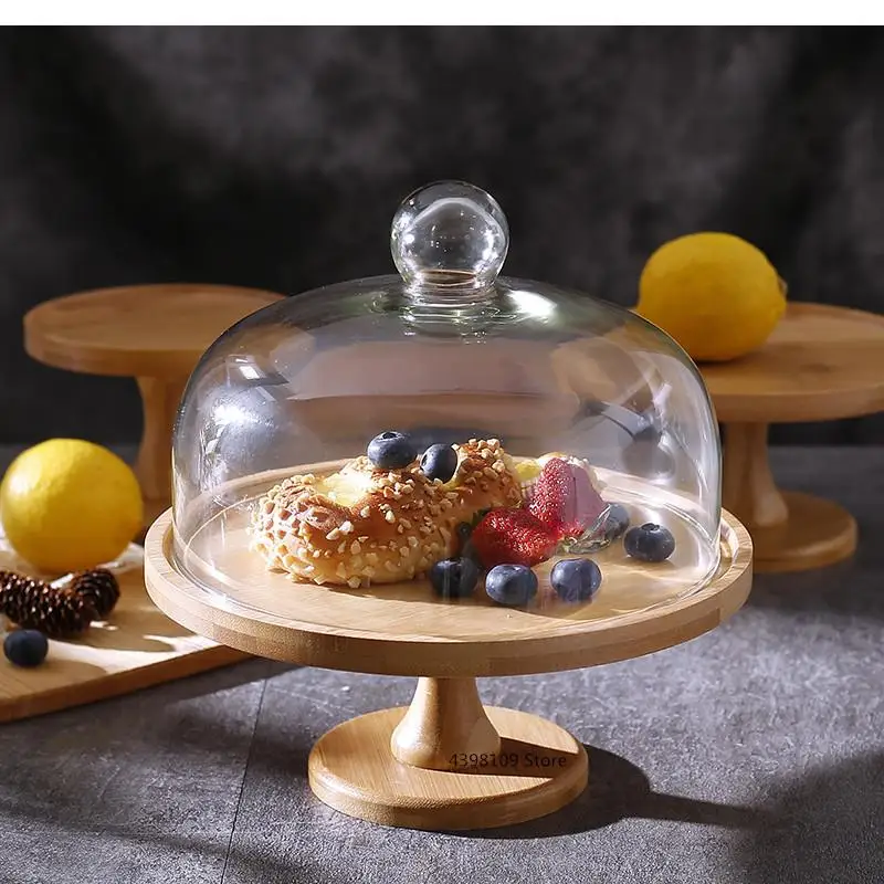 Natural Bamboo Fruit Plate Dessert Transparent Glass Cover Cake Tray Bread Table Display Stand