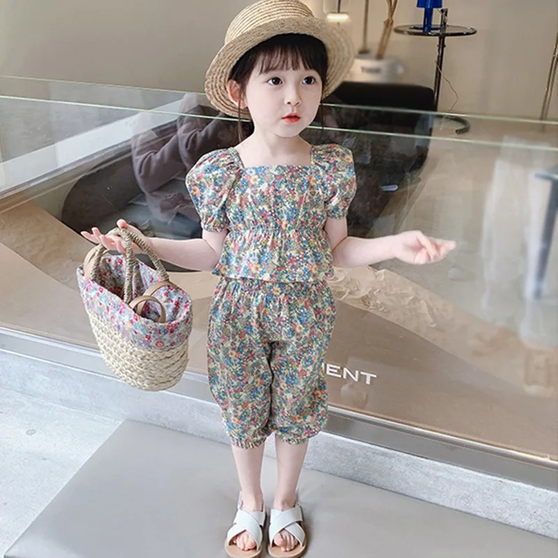 Kids Girls Casual Summer Clothing Sets Outfits for Girls Toddler Floral Print Puff Sleeve Tops+Pant Fashion Children Clothes