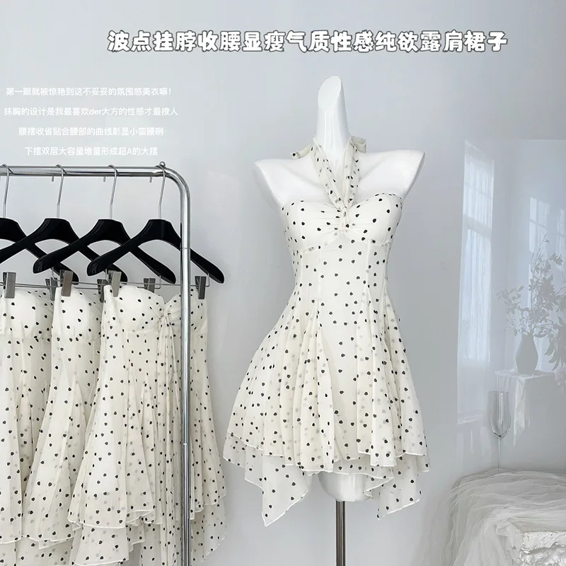 

Elegant Mini Dresses Women Sleeveless Polka Dot Halter Backless Dress Spring Summer Party Holiday Sexy Sweet Dress