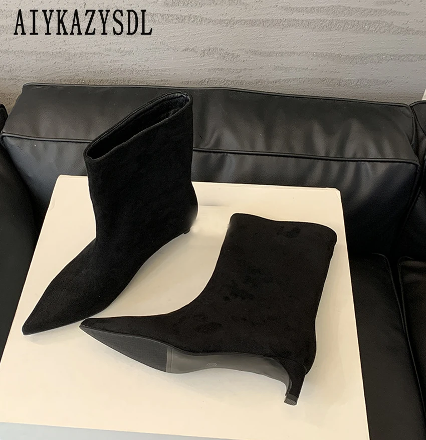 aiykazysdl-2025-autumn-spring-faux-suede-flock-ankle-boots-women-short-bootie-kitten-low-heel-solid-basic-career-shoes-brown