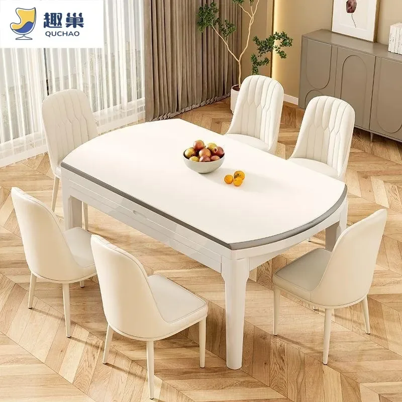 for Rock Slab Dining Table and Chair Set Cream Style Light Luxury Solid Wood 4 Track Retractable Square Round Dual Purpose