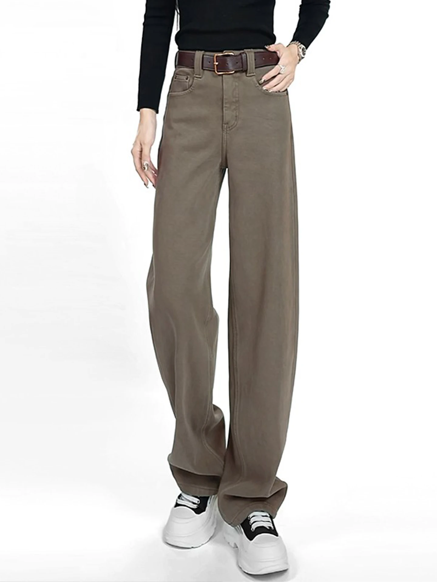 

High Waist Wide Leg Knife Fleece Lined Denim Jeans Women's Autumn Winter New Style Slimming Nine Point Casual Banana Pants