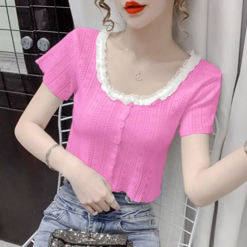 Knitted Short-sleeved T-shirt Women 2024  Summer Lace Patchwork Square Collar Design Feeling Niche Short-style Hollow-out Blouse