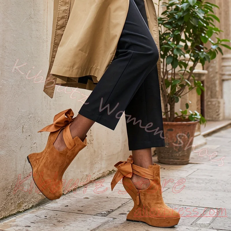 Bow Buckle Ankle Boot Cutout Wedge Velvet Leather Women Strange Heel Footwear Punk Streetwear Footwear Office Mixed Color Sexy