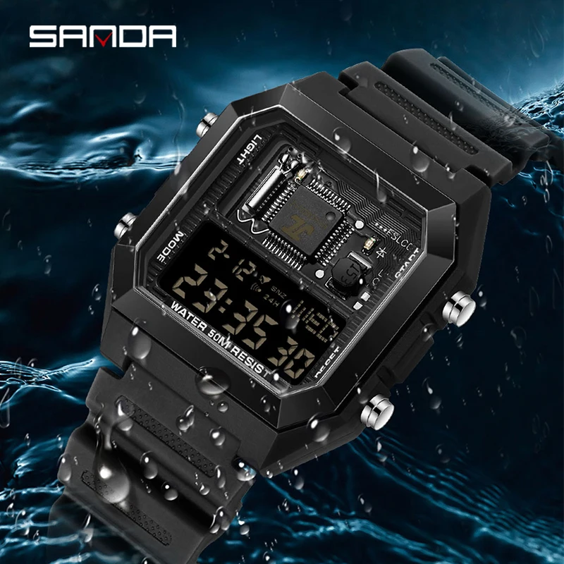 SANDAD-reloj electrónico para hombre, cronógrafo multifuncional cuadrado con correa de silicona y pantalla Digital, 6216