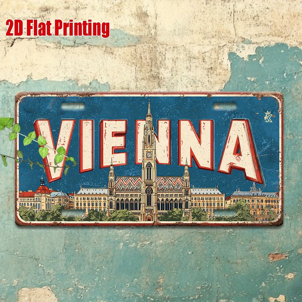 2D flat retro metal license plate featuring Vienna cityscape landmarks with historic buildings, suitable for homes, bars,garages